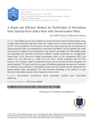 A Rapid and Efficient Method for Purification of Peroxidase from Opuntia-ficus indica Stem with Decolorization Effect