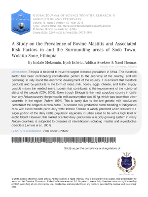 A Study on the Prevalence of Bovine Mastitis and Associated Risk Factors in and the Surrounding areas of Sodo Town, Wolaita Zone, Ethiopia
