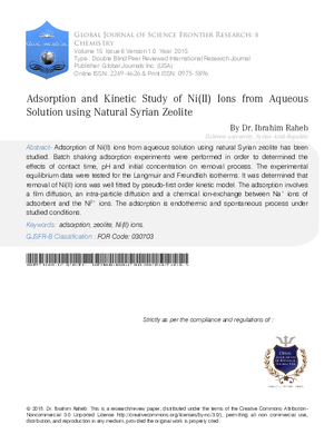 Adsorption and Kinetic Study of NI (II) Ions from Aqueous Solution using Natural Syrian Zeolite