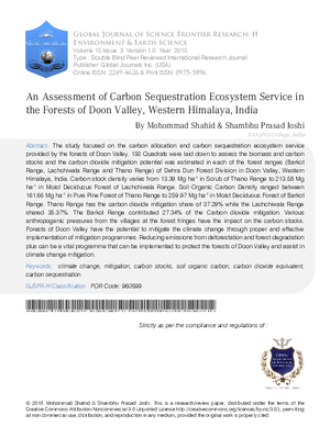 An Assessment of Carbon Sequestration Ecosystem Service in the Forests of Doon Valley, Western Himalaya, India.