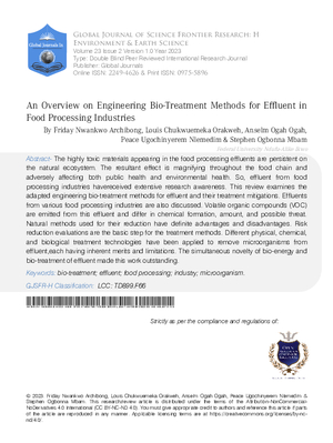 An Overview on Engineering Bio-Treatment Methods for Effluent in Food Processing Industries