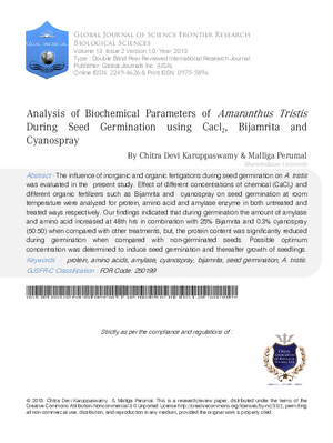 Analysis of Biochemical Parameters of Amaranthus Tristis during Seed Germination using CaCl2,  Bijamrita and Cyanospray