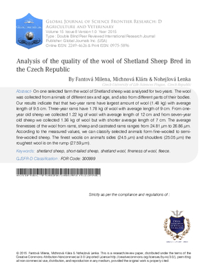 Analysis of the Quality of the Wool of Shetland Sheep Bred in the Czech Republic