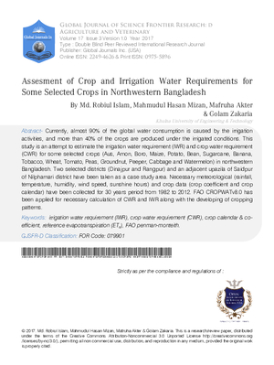 Assesment of Crop and Irrigation Water Requirements for Some Selected Crops in Northwestern Bangladesh