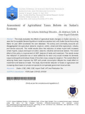 Assessment of Agricultural Taxes Reform on Sudanas Economy