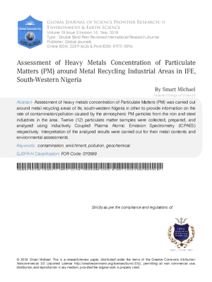 Assessment of Heavy Metals Concentration of Particulate Matters (PM) Around Metal Recycling Industrial Areas in Ife, South West Nigeria