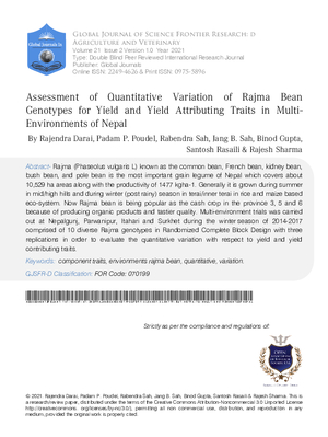Assessment of Quantitative Variation of Rajma Bean Genotypes for Yield and Yield Attributing Traits in Multi-Environments of Nepal