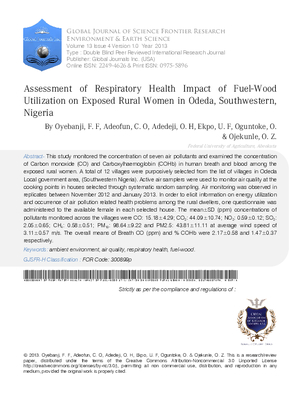 Assessment of Respiratory Health Impact of Fuel-Wood Utilization on Exposed Rural Women in Odeda, Southwestern, Nigeria.