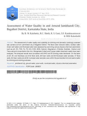 Assessment of Water Quality in and Around Jamkhandi City, Bagalkot District, Karnataka State, India.