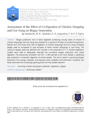 Assessment of the Effect of Co-Digestion of Chicken Dropping and Cow Dung on Biogas Generation
