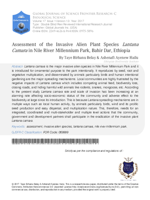 Assessment of the Invasive Alien Plant Species Lantana camara in Nile River Millennium Park, Bahir Dar, Ethiopia