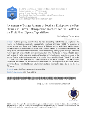 Awareness of Mango Farmers at Southern Ethiopia on the Pest Status and Current Management Practices for the Control of the Fruit Flies (Diptera: Tephritidae)