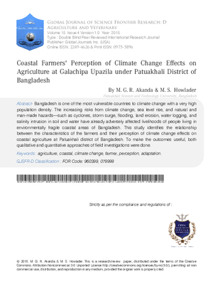 Coastal Farmers Perception of Climate Change Effects on Agriculture at Galachipa Upazila under Patuakhali District of Bangladesh