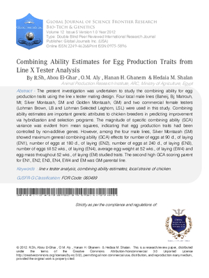 Combining Ability Estimates for Egg Production Traits from Line X Tester Analysis