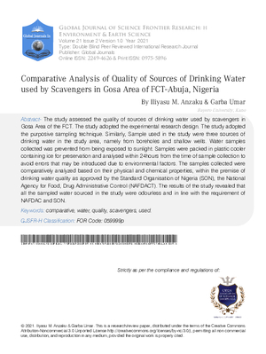 Comparative Analysis of Quality of Sources of Drinking Water used by Scavengers in Gosa Area of FCT-Abuja, Nigeria