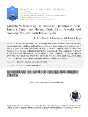Comparative Studies on the Functional Properties of Neem, Jatropha, Castor, and Moringa Seeds Oil as Potential Feed Stocks for Biodiesel Production in Nigeria