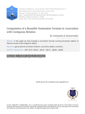 Computation of a Beautiful Summation Formula in Association with Contiguous Relation