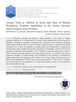 Cowpea Yield as Affected By Level and Time of Mineral Phosphorus Fertilizer Application in the Guinea Savanna Agro-Ecological Zone of Ghana