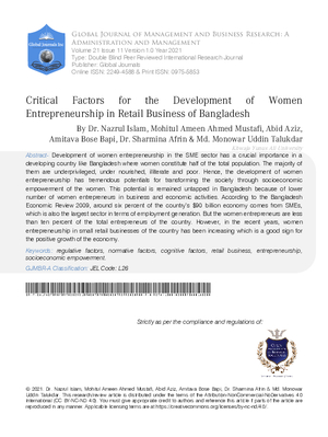 Critical Factors for the Development of Women Entrepreneurship in Retail Business of Bangladesh