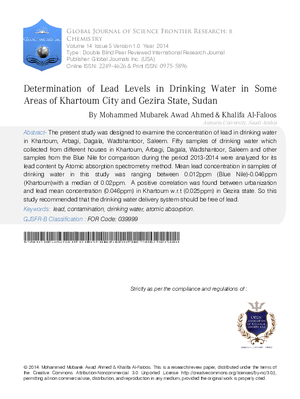 Determination of Lead Levels in Drinking Water in some Areas of Khartoum Cityand Gezira State, Sudan