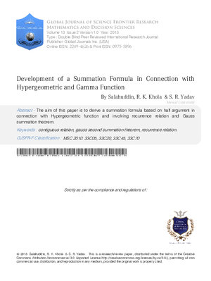 Development of a Summation Formula in Connection with Hypergeometric and Gamma Function