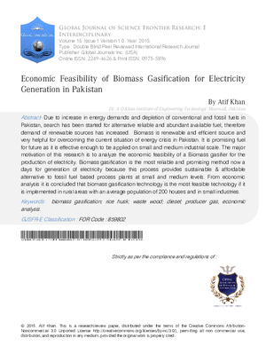 Economic Feasibility of Biomass Gasification for Electricity Generation in Pakistan