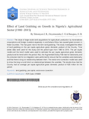 Effect of Land Grabbing on Growth in Nigeria’s Agricultural Sector (1980 -2015)