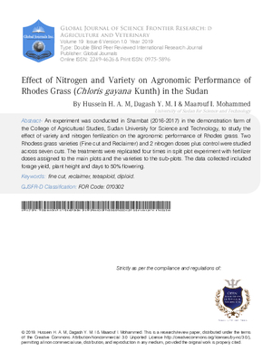 Effect of Nitrogen and Variety on Agronomic Performance of Rhodes Grass (Chloris gayana  Kunth) in the Sudan