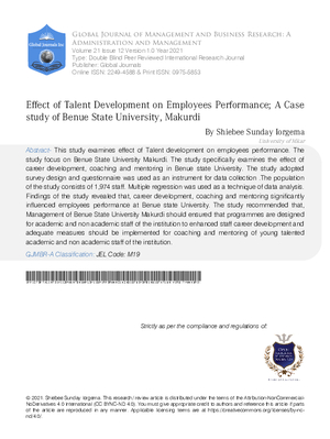 Effect of Talent Development on Employees Performance; A Case Study of Benue State University, Makurdi