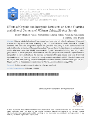 Effects of Organic and Inorganic Fertilizers on Some Vitamins and Mineral Contents of Hibiscus Sabdariffa linn (Sorrel)
