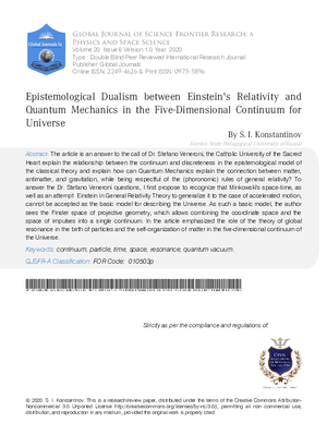 Epistemological Dualism between Einsteins Relativity and Quantum Mechanics and the five-dimensional Continuum for Universe