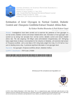 Estimation of Liver Glycogen in Normal Control, Diabetic Control and Tinospora Cordifolia Extract Treated Albino Rats