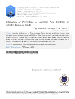 Estimation of Percentage of Ascorbic Acid Contents in Selected Trophical Fruits