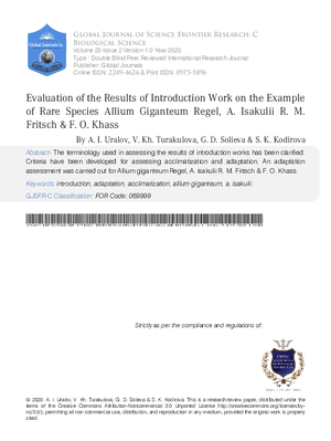 Evaluation of the Results of Introduction Work on the Example of Rare Species Allium Giganteum Regel, A. Isakulii  R. M. Fritsch and  F. O. Khass