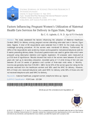 Factors Influencing Pregnant Womens Utilization of Maternal Health Care Services for Delivery in Ogun State, Nigeria