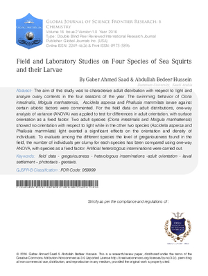 Field and Laboratory Studies on Four Species of Sea Squirts and their Larvae