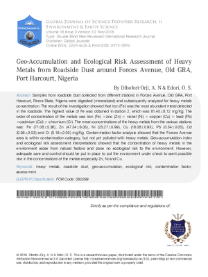 Geo-accumulation and Ecological Risk Assessment of Heavy Metals From Roadside Dust Around Forces Avenue, Old GRA, Port Harcourt, Nigeria