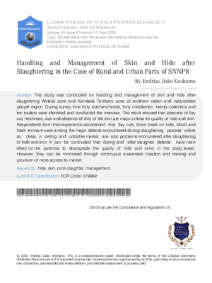 Handling and Management of Skin and Hide after Slaughtering in the Case of Rural and Urban Parts of SNNPR