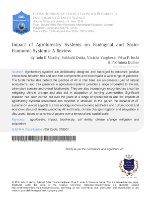 Impact of Agroforestry Systems on Ecological and Socio-Economic Systems: A Review