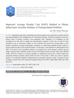 Improved Average Penalty Cost (IAPC) Method to Obtain Initial Basic Feasible Solution of Transportation Problem