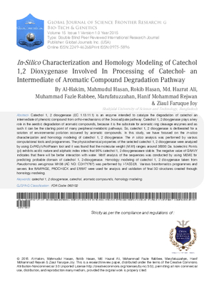 In-Silico Characterization and Homology Modeling of Catechol 1, 2 dioxygenase Involved in Processing of Catechol - an Intermediate of Aromatic Compound Degradation Pathway