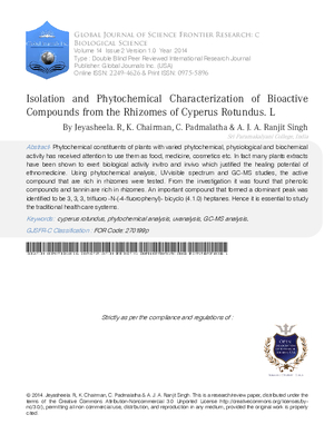 Isolation and Phytochemical Characterization of Bioactive Compounds from the Rhizomes of Cyperus Rotundus. L