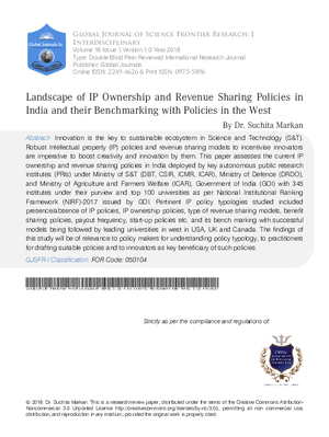 Landscape of IP Ownership and Revenue Sharing Policies in India and their benchmarking with policies in the West