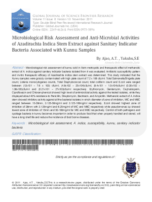 Microbiological Risk Assessment and Anti-Microbial Activities of Azadirachta Indica Stem Extract Against Sanitary Indicator Bacteria Associated With Kunnu Samples