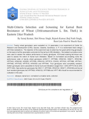 Multi-Criteria Selection and Screening for Karnal Bunt Resistance of Wheat (Triticumaestivum L. Em. Thell.) in Eastern Uttar Pradesh