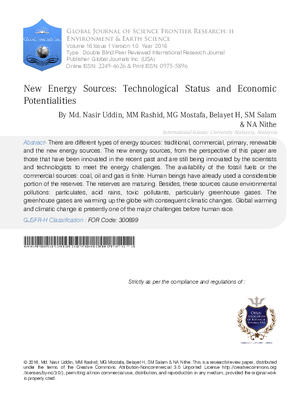 New Energy Sources: Technological Status and Economic Potentialities