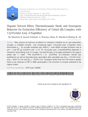 Organic Solvent Effect, Thermodynamic Study and Synergism Behavior for Extraction Efficiency of Cobalt (II) Complex with 1-[2-Pyridyl Azo] -2-Naphthol