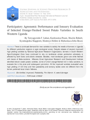 Participatory Agronomic Performance and Sensory Evaluation of Selected Orange-Fleshed Sweet Potato Varieties in South Western Uganda