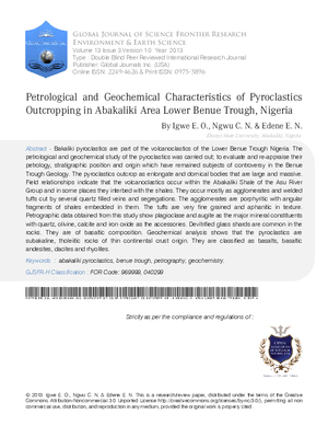 Petrological and Geochemical Characteristics of Pyroclastics Outcropping in Abakaliki Area Lower Benue Trough, Nigeria
