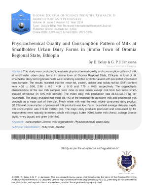 Physicochemical Quality and Consumption Pattern of Milk at Smallholder Urban Dairy Farms in Jimma Town of Oromia Regional State, Ethiopia
